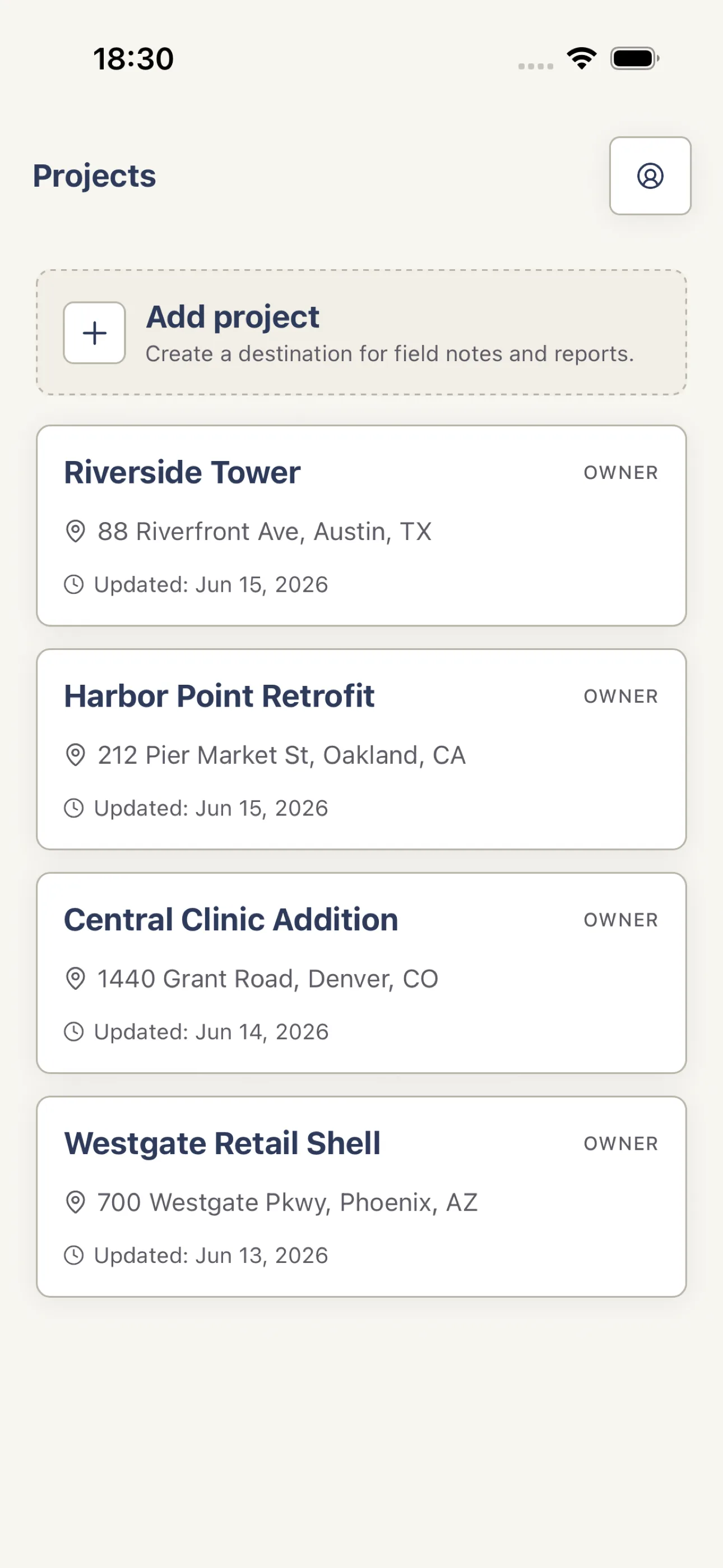 Harpa Pro Projects list showing available construction projects