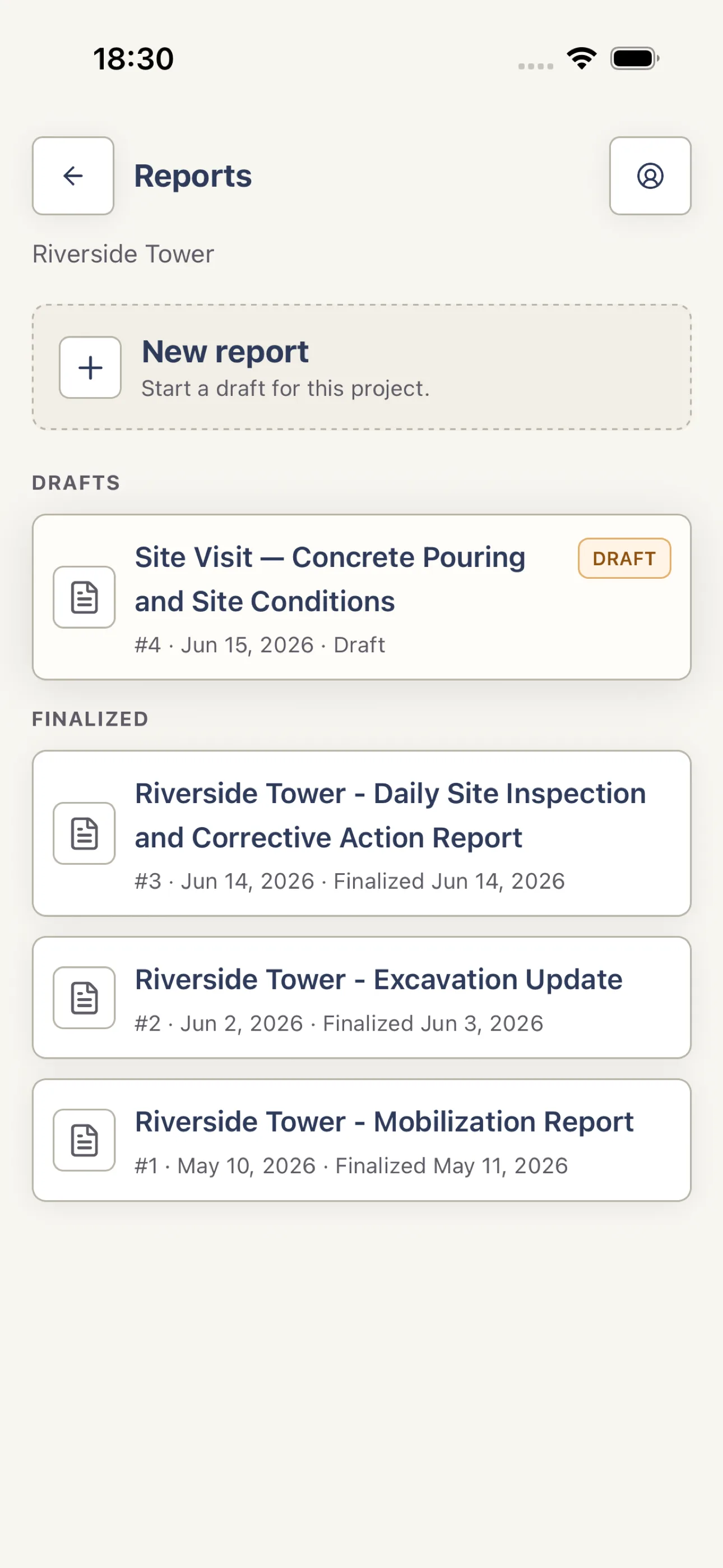 Harpa Pro Reports list showing draft and finalized reports