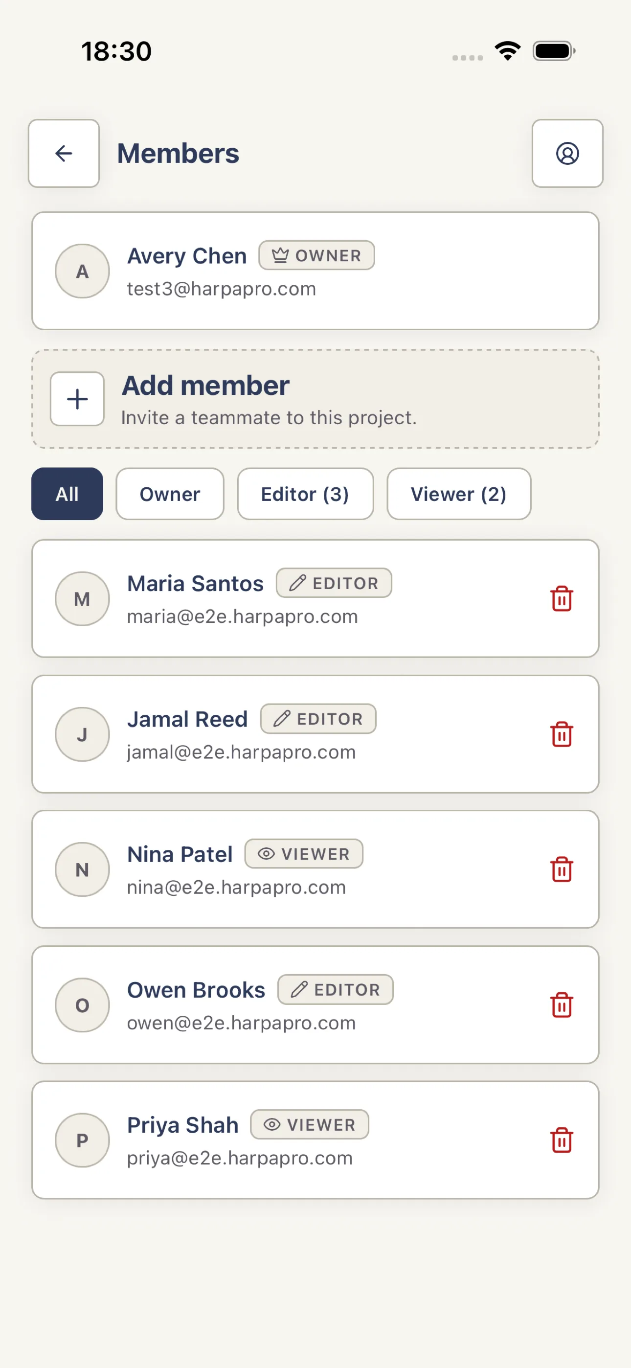 Project Members screen with role filters and Add member action
