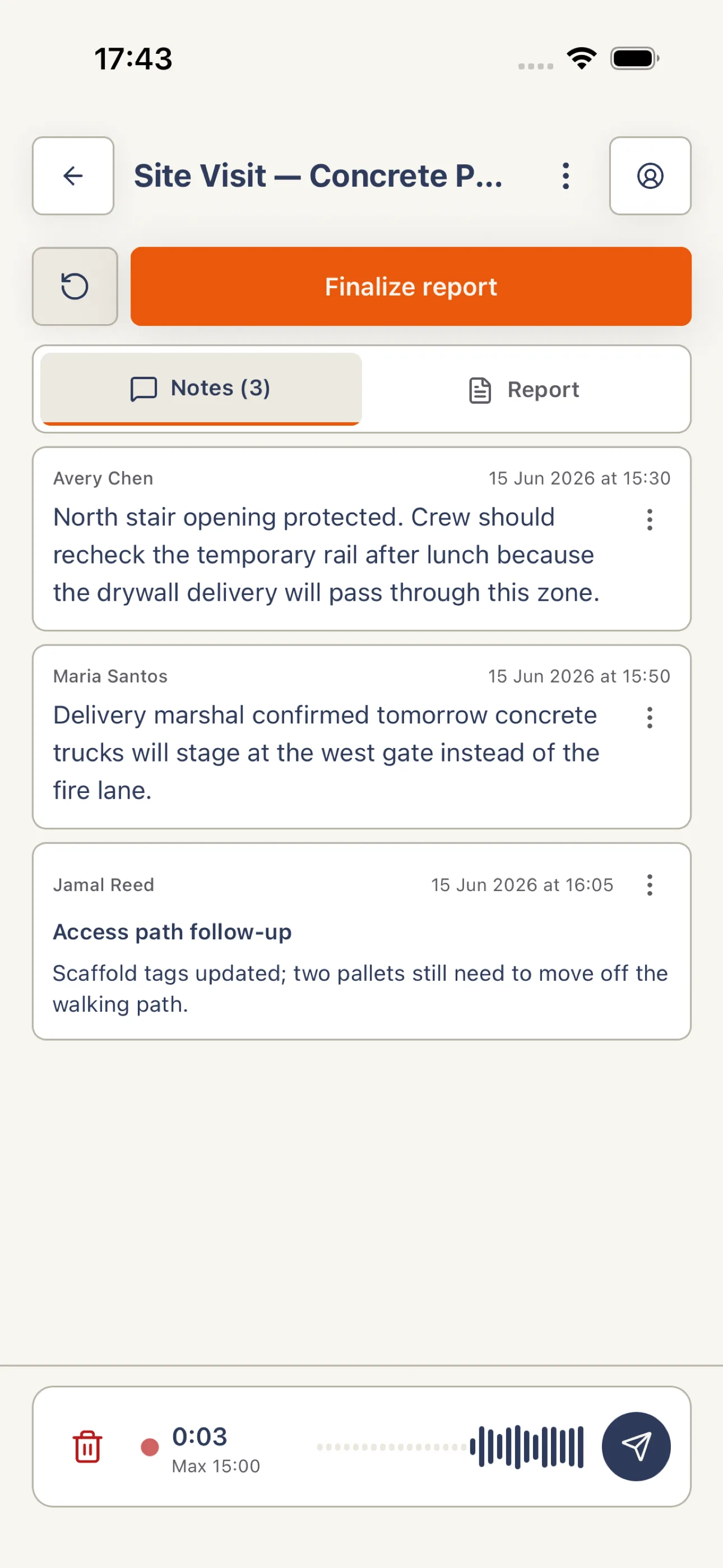 Voice note being recorded in a Harpa Pro draft report