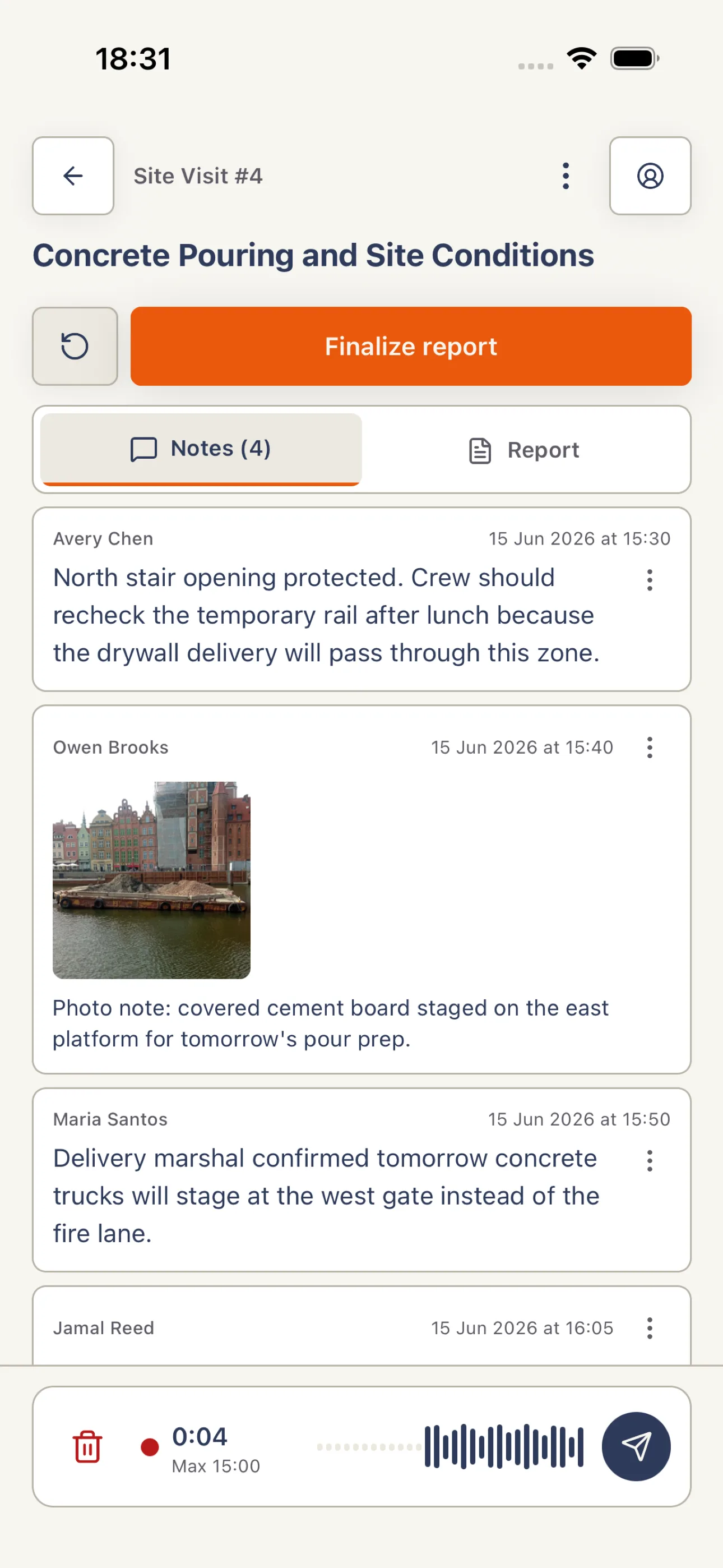 Harpa Pro draft with site notes and voice recording controls