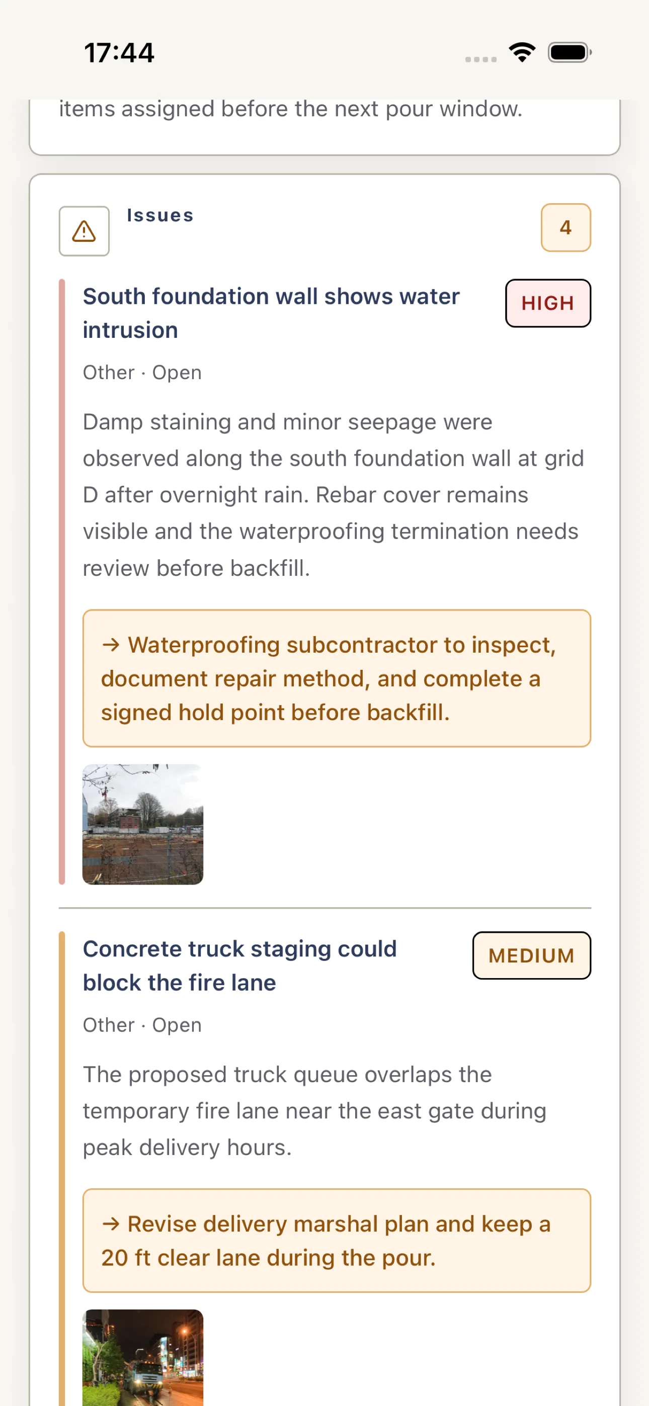 Generated Harpa Pro report showing site issues and next actions