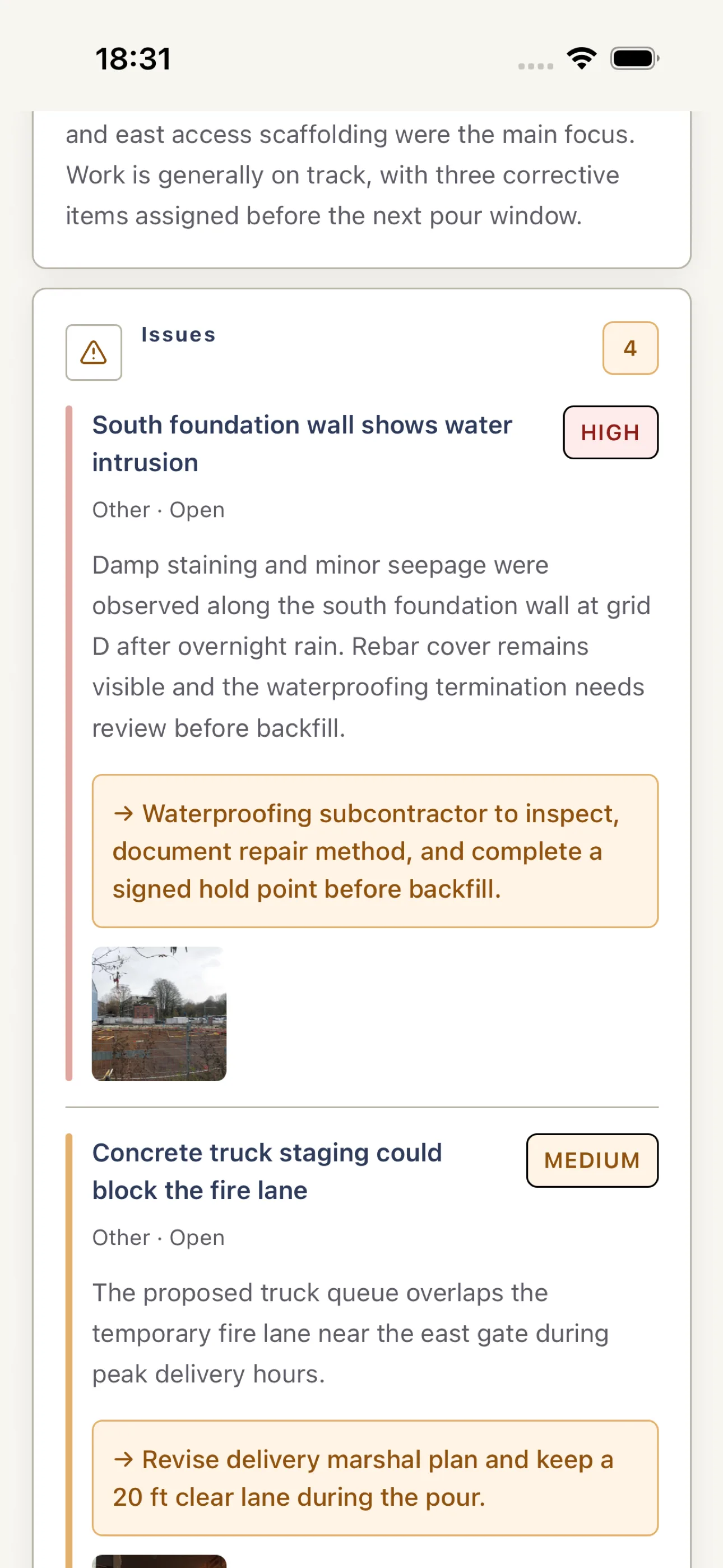 Harpa Pro report showing prioritized site issues and next actions