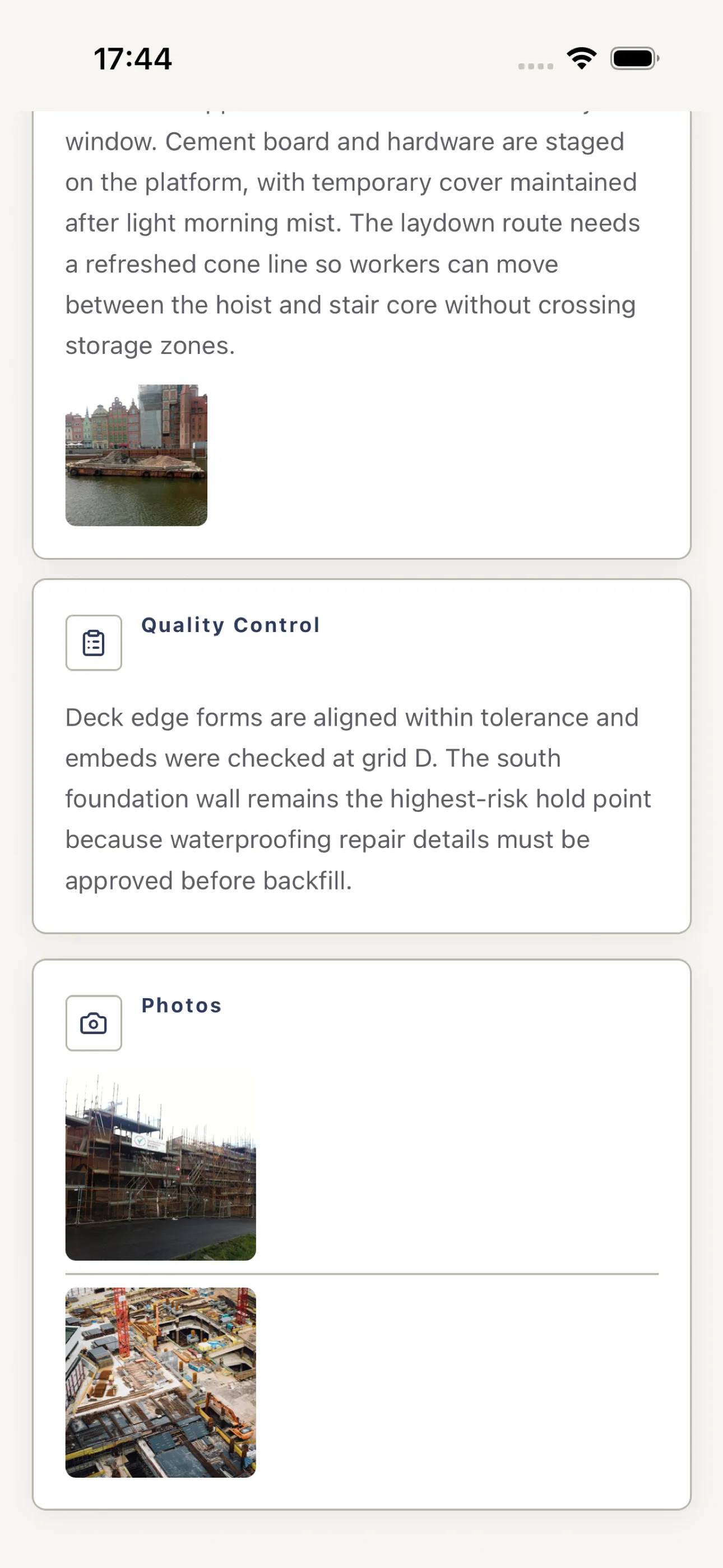 Harpa Pro report sections with card editing and photo placement controls