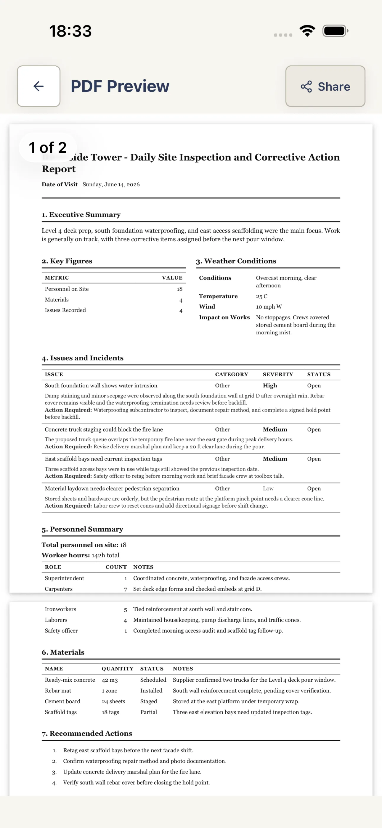 Harpa Pro PDF preview showing a finalized daily site report