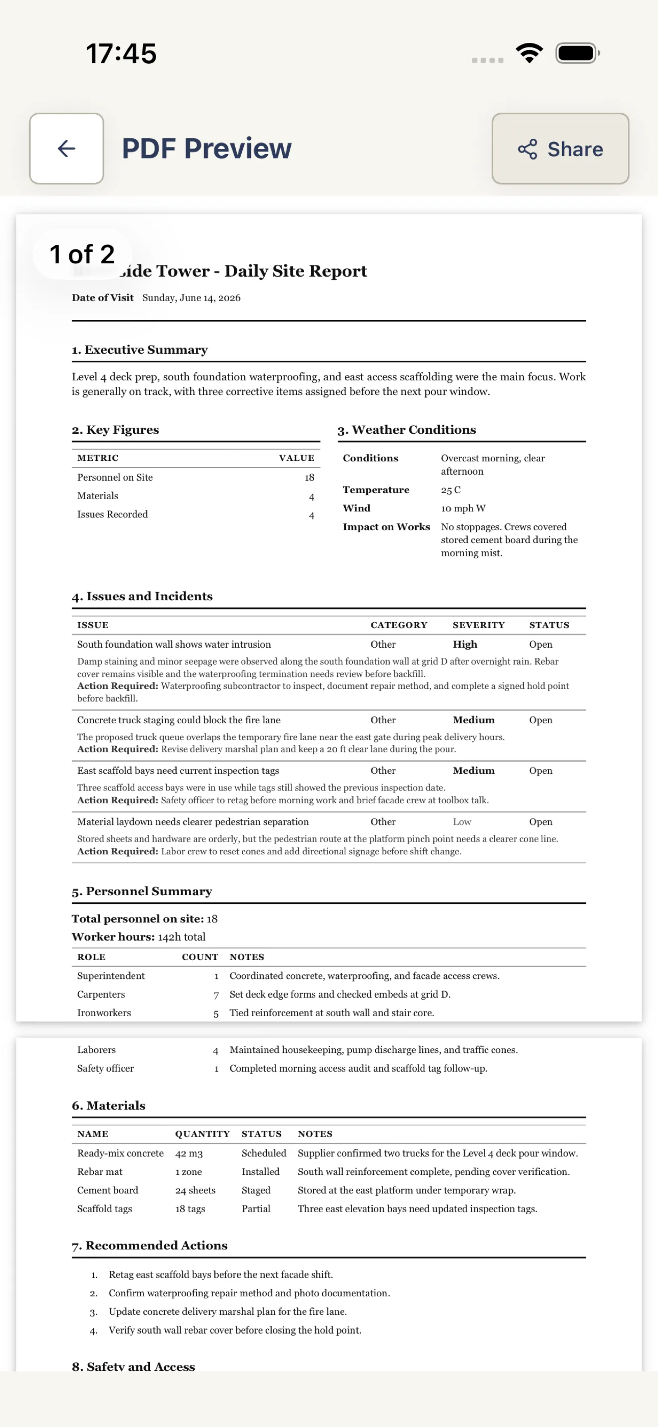 Harpa Pro PDF preview displaying a finalized daily site report