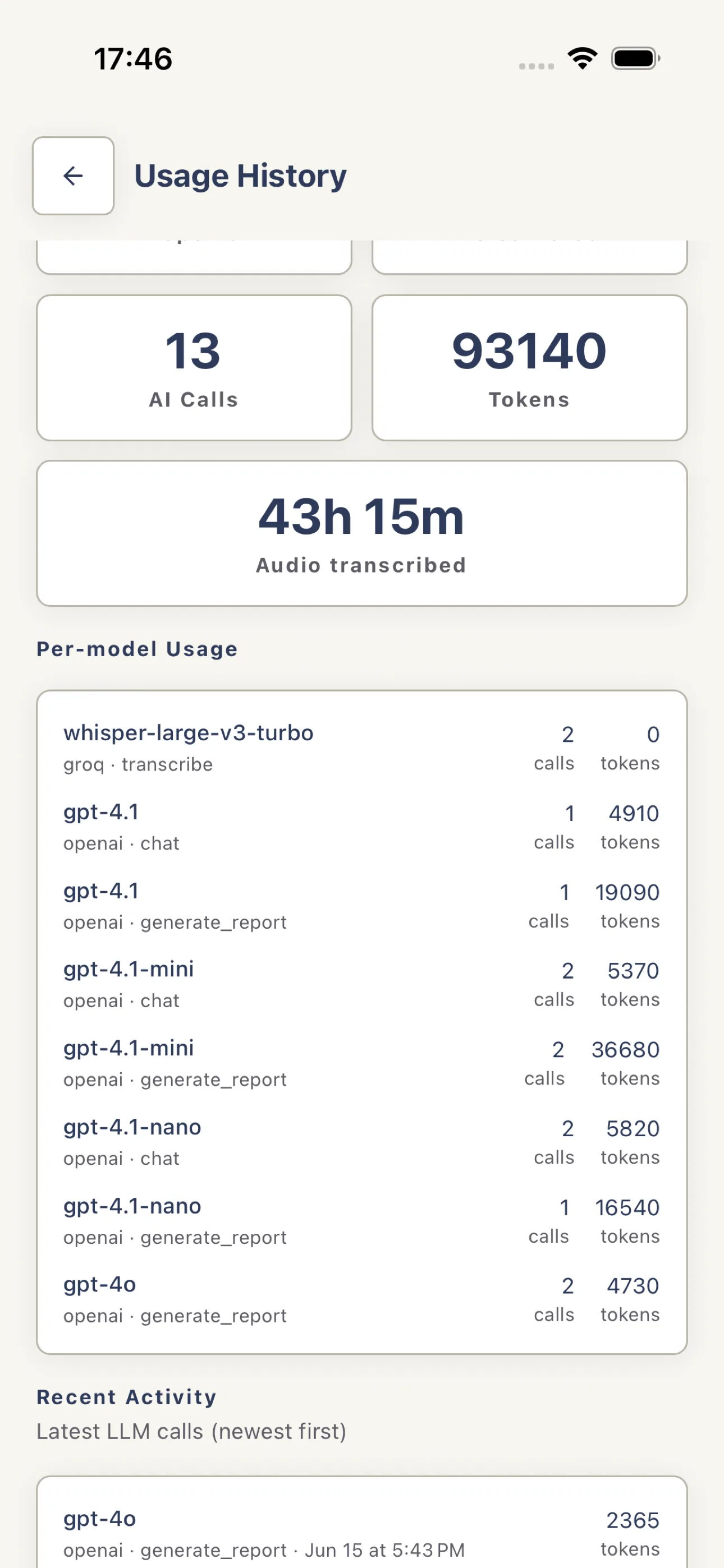 Harpa Pro Usage History showing account limits and recent activity